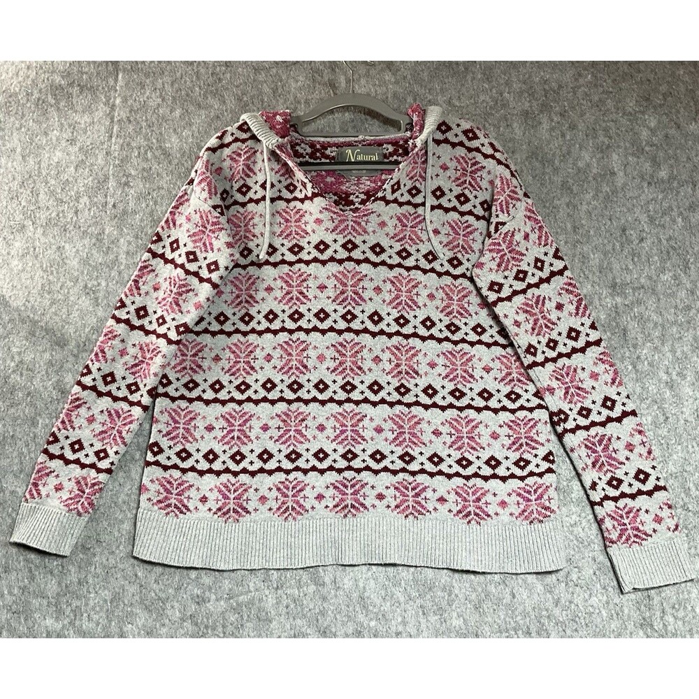 Natural Reflections Sweater Womens Large Gray Pink Nordic Fair Isle Pullover Ski